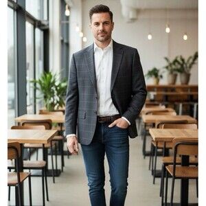 Borelli Blazer Men's Sz 40R Wool Grey Windowpane Super 120s Italian Fabric